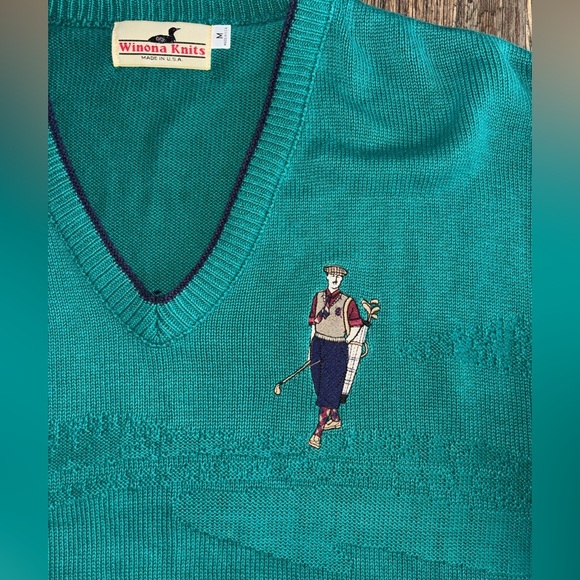 Vtg Winona Knits Embossed Golf Sweater M Teal V-Neck Pullover Embroidered Preppy - Picture 4 of 12